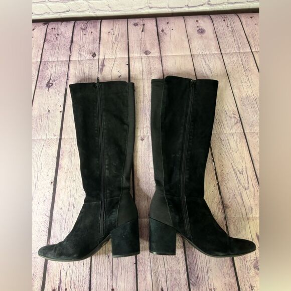 Me Too Classic Minimalist Black Suede Block Heel Tall Knee-High Zip Boots Size 8 - Picture 11 of 13